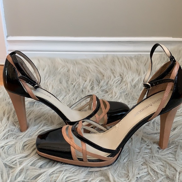 Enzo Angiolini Tan and Black Ankle Strap Platform Heels - Picture 2 of 6